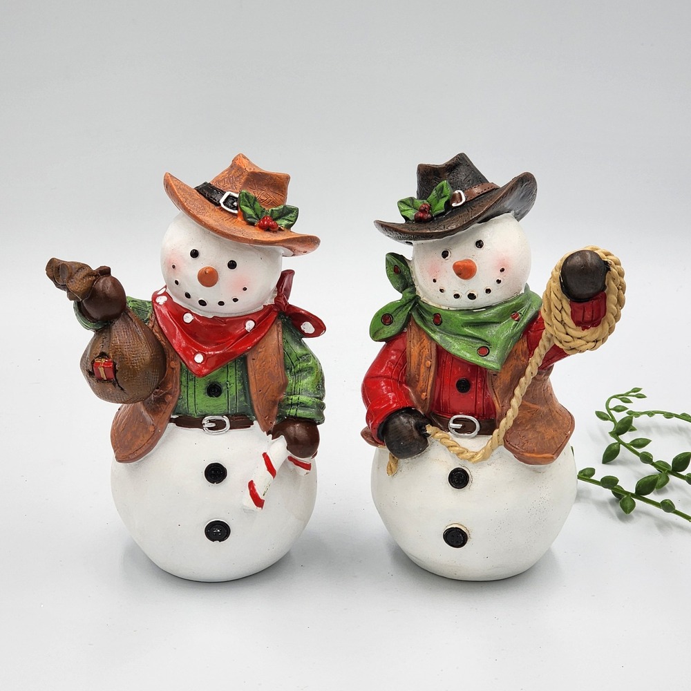 Snowman Cowboy Figurine 2 Pc Resin Western Christmas Holiday Hat Lasso 6.5" NEW
